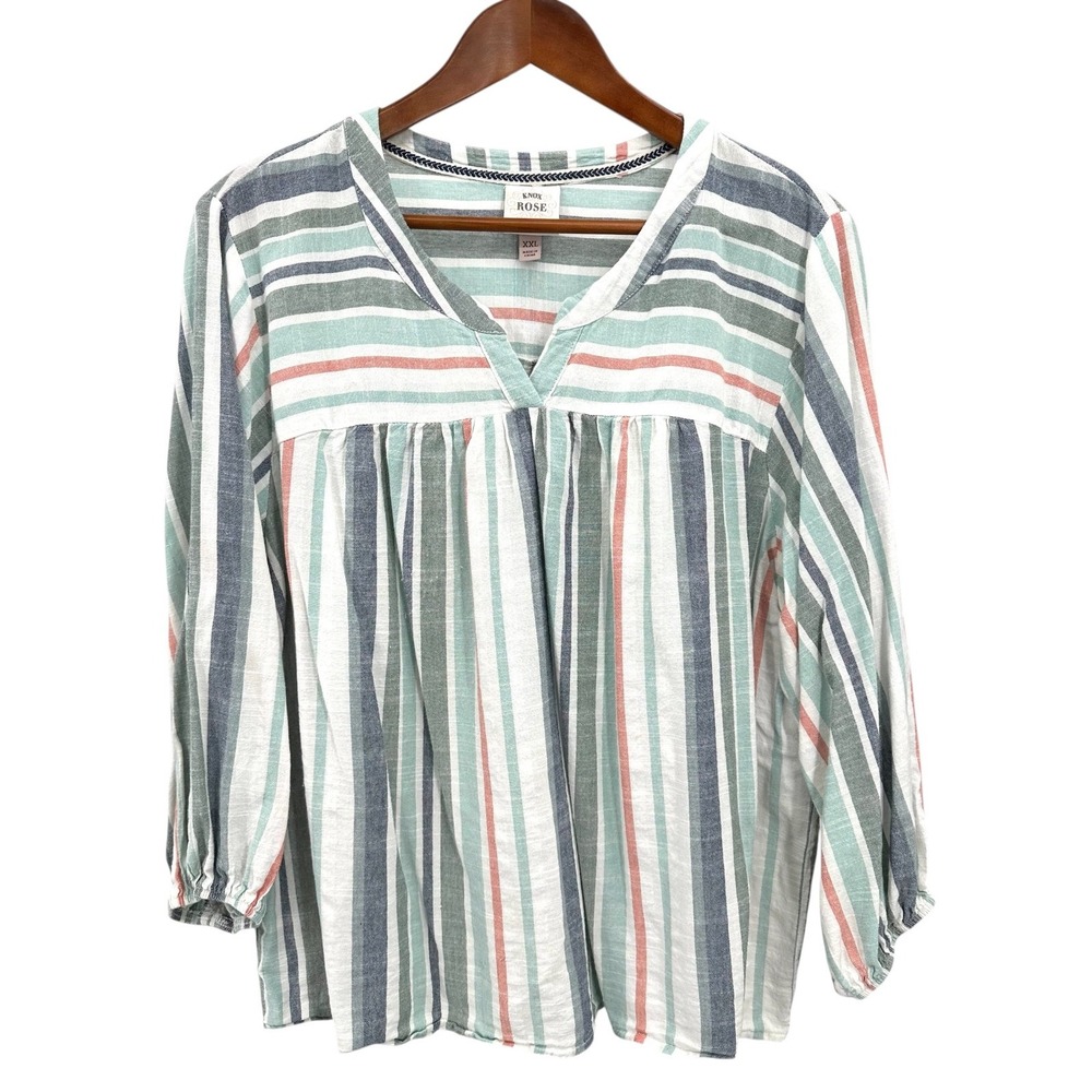 Knox Rose Cotton Peasant Top 3/4 Sleeves Striped Gray & White V-Neck Women's XXL